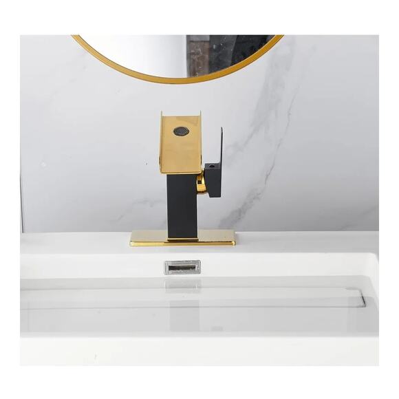 Modern Black Gold Waterfall Bathroom Faucet 1-Hole w/ Cover Plate - Picture 8 of 9